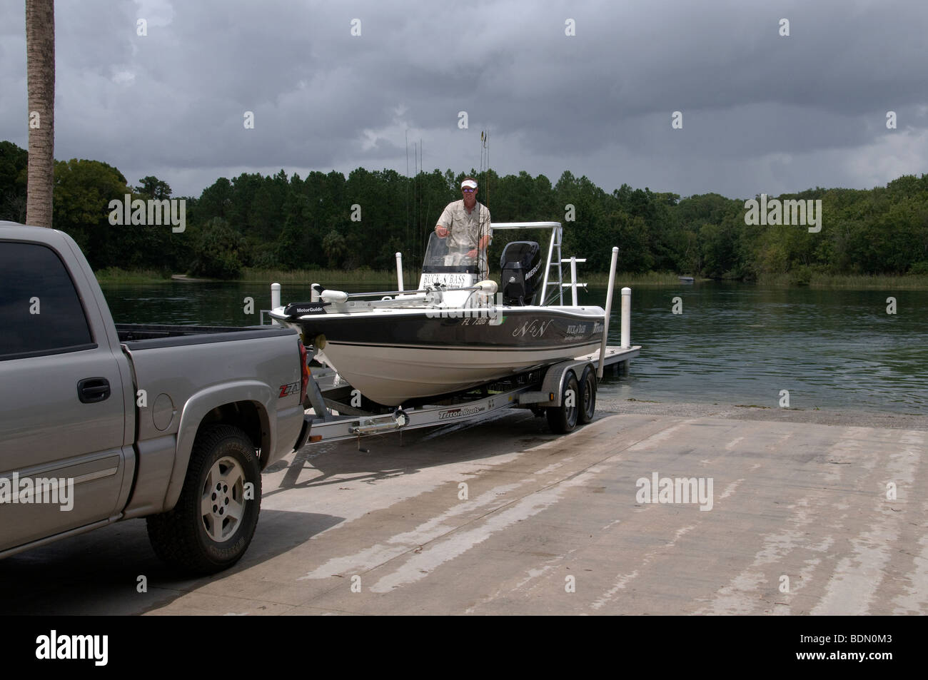 A bass boater prepares to launch his rig at the Salt Springs boat ramp