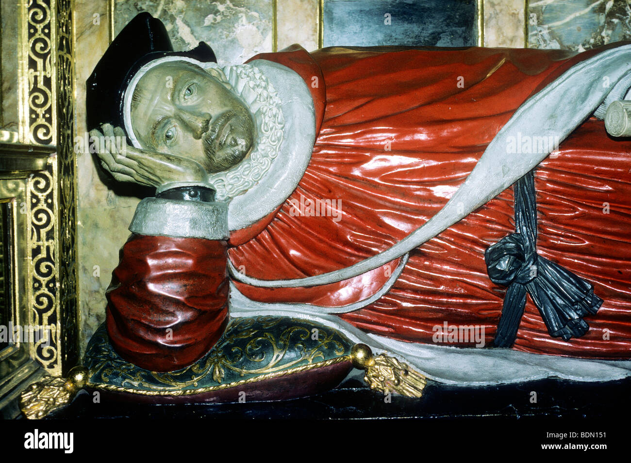 Westminster Abbey interior tomb chest effigy of Thomas Owen died 1598 recumbent  historical costume Tudor England English Stock Photo