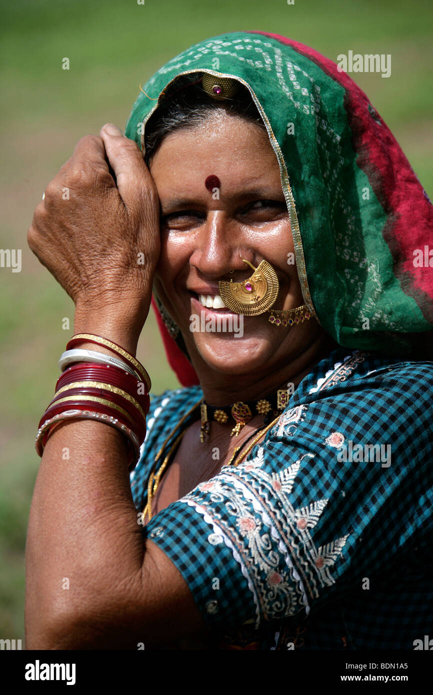 Portrait of a woman, 48, of Bishnoi, ethnic group, Rajasthan, India, Asia Stock Photo