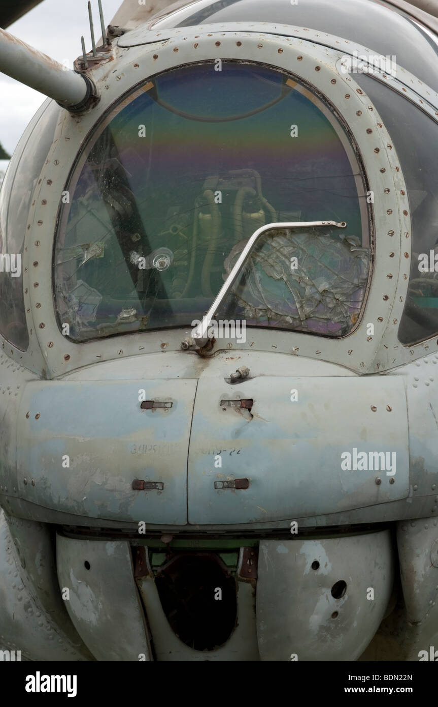 Nose and shattered windscreen of Soviet era Hind MIL-24 helicopter ...