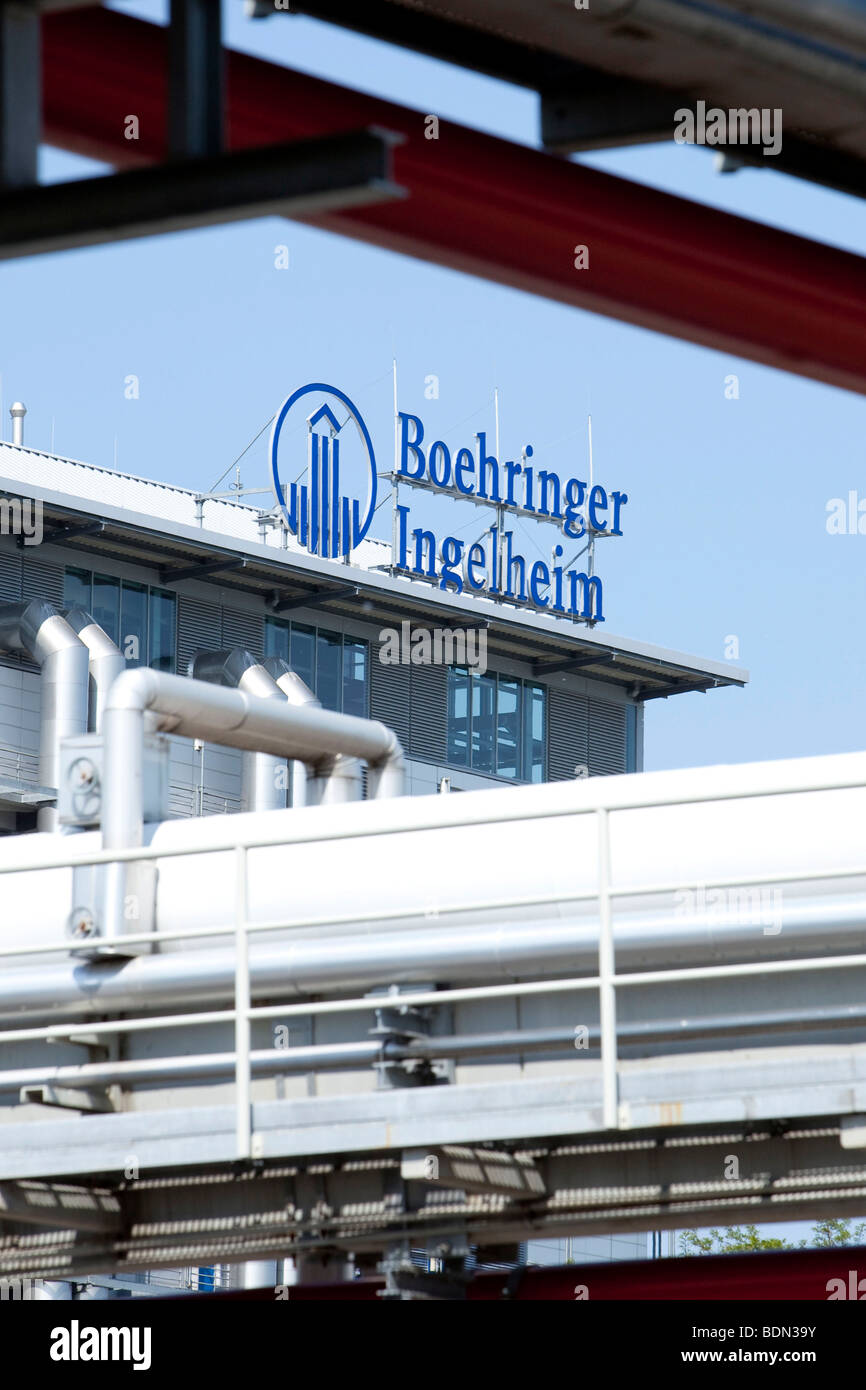 Logo on the Active pharmaceutical ingredient factory on the grounds of the pharmaceutical company Boehringer Ingelheim GmbH, In Stock Photo