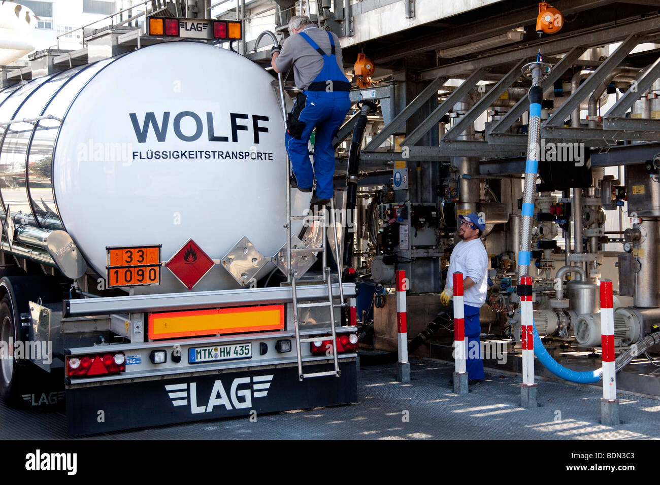 Tank truck at the fuel depot in the pharmaceutical company Boehringer Ingelheim GmbH, Ingelheim, Rhineland-Palatinate, Germany, Stock Photo