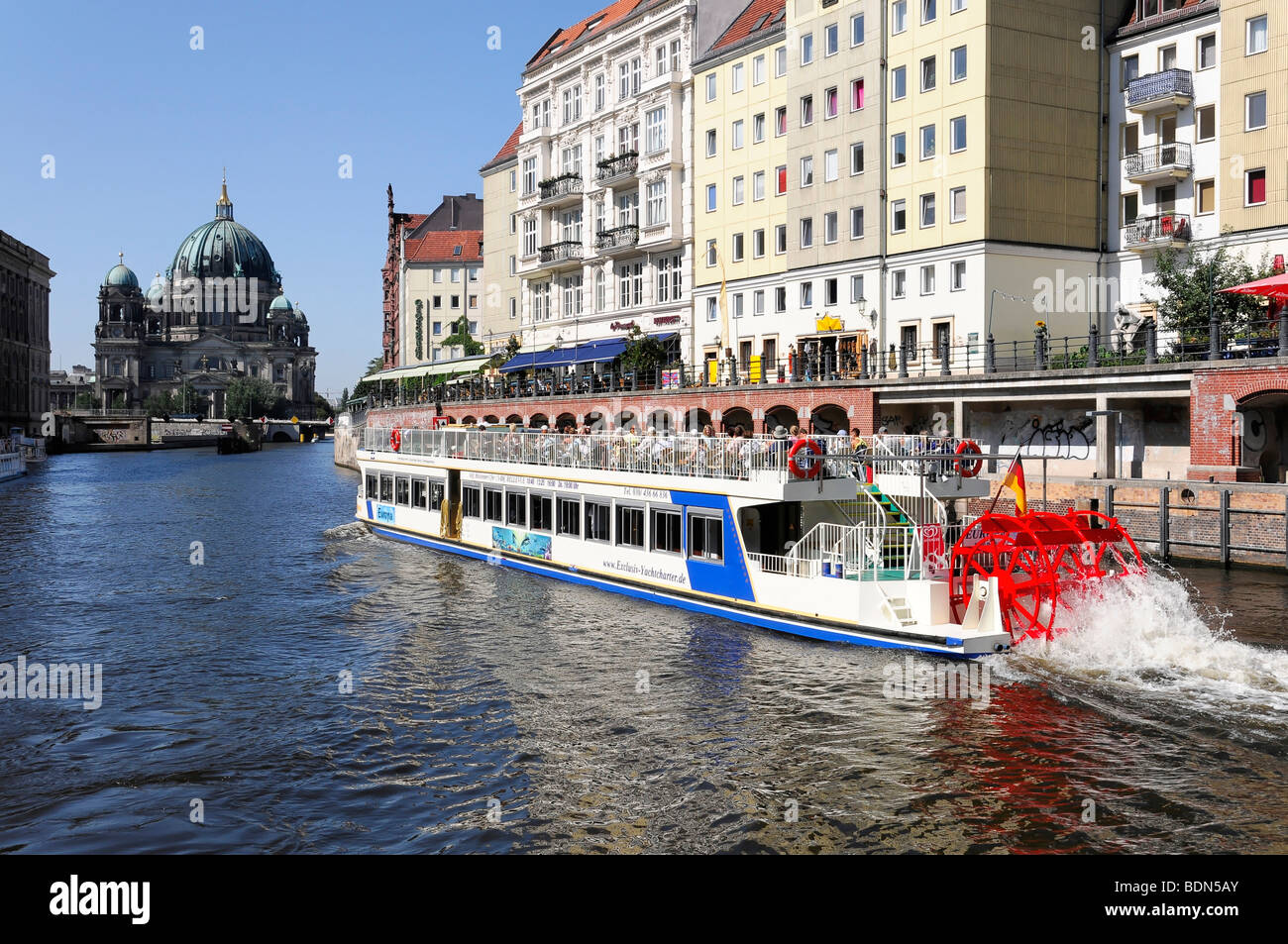 Passenger boat on the Spree river, in the back the Berliner Dom cathedral, capital Berlin, Germany, Europe Stock Photo