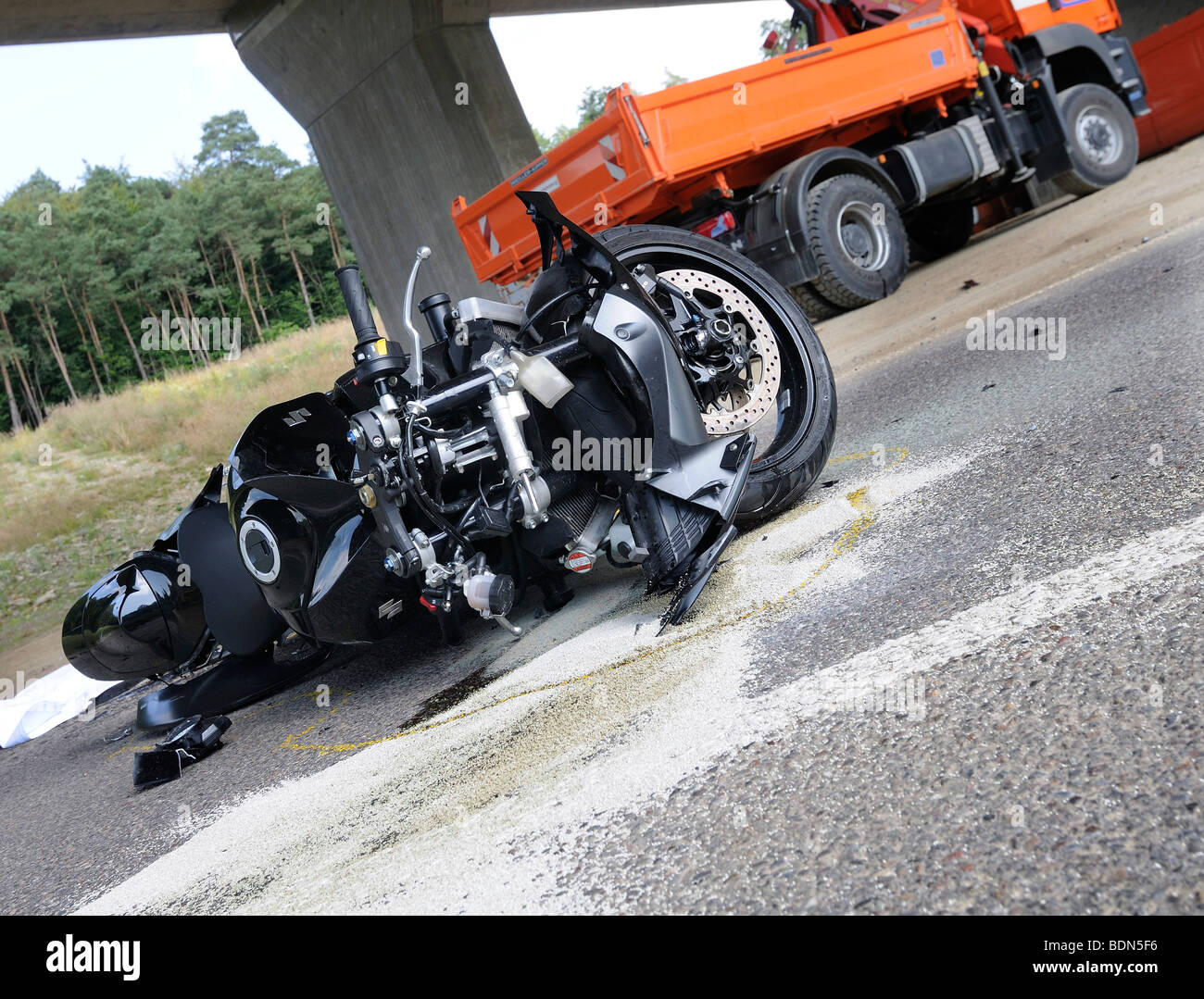 Fatal traffic accident, dump truck, construction vehicles, crossing the street K 1013 between Flacht and Perouse, Rutesheim, Ba Stock Photo