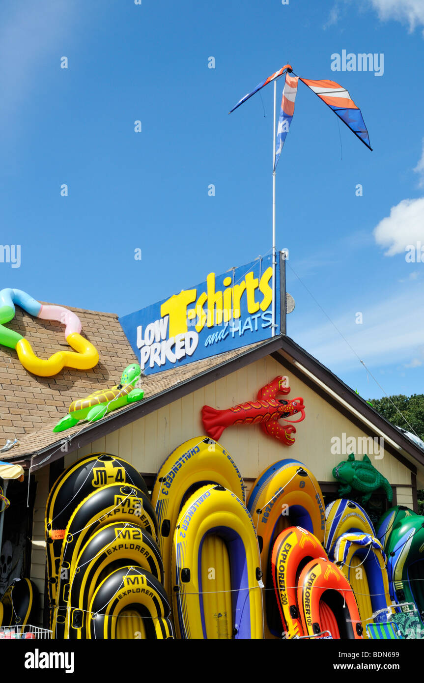 Exterior facade of beach toy store in Eastham, Cape Cod with inflatable