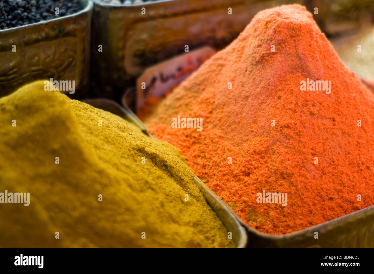 Colorful spices, herbs and seasonings on display in a vendor's shop in the Souk El-Hamidiyeh (market) in Damascus. Stock Photo