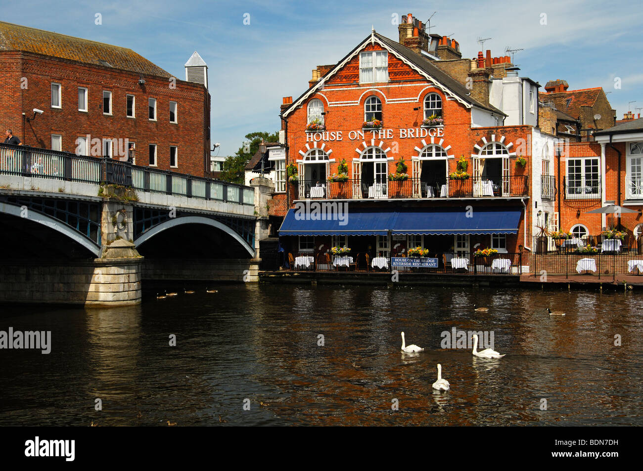 The House on the Bridge Riverside Restaurant situated by the river Thames at Windsor Bridge in Eton, United Kingdom Stock Photo
