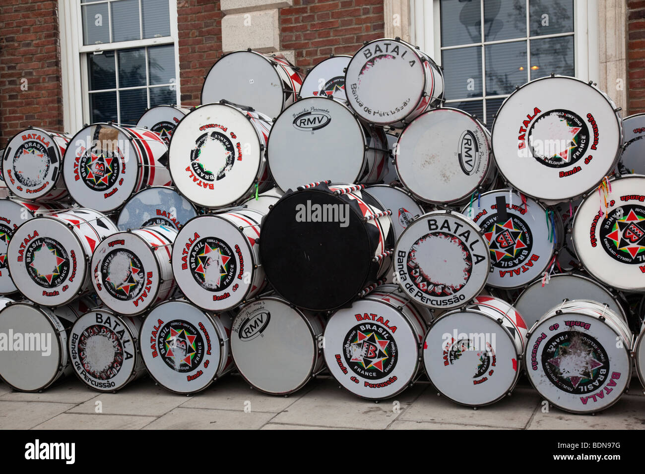 Notting Hill Carnival 2009, stacked drums from the Group Batala Stock