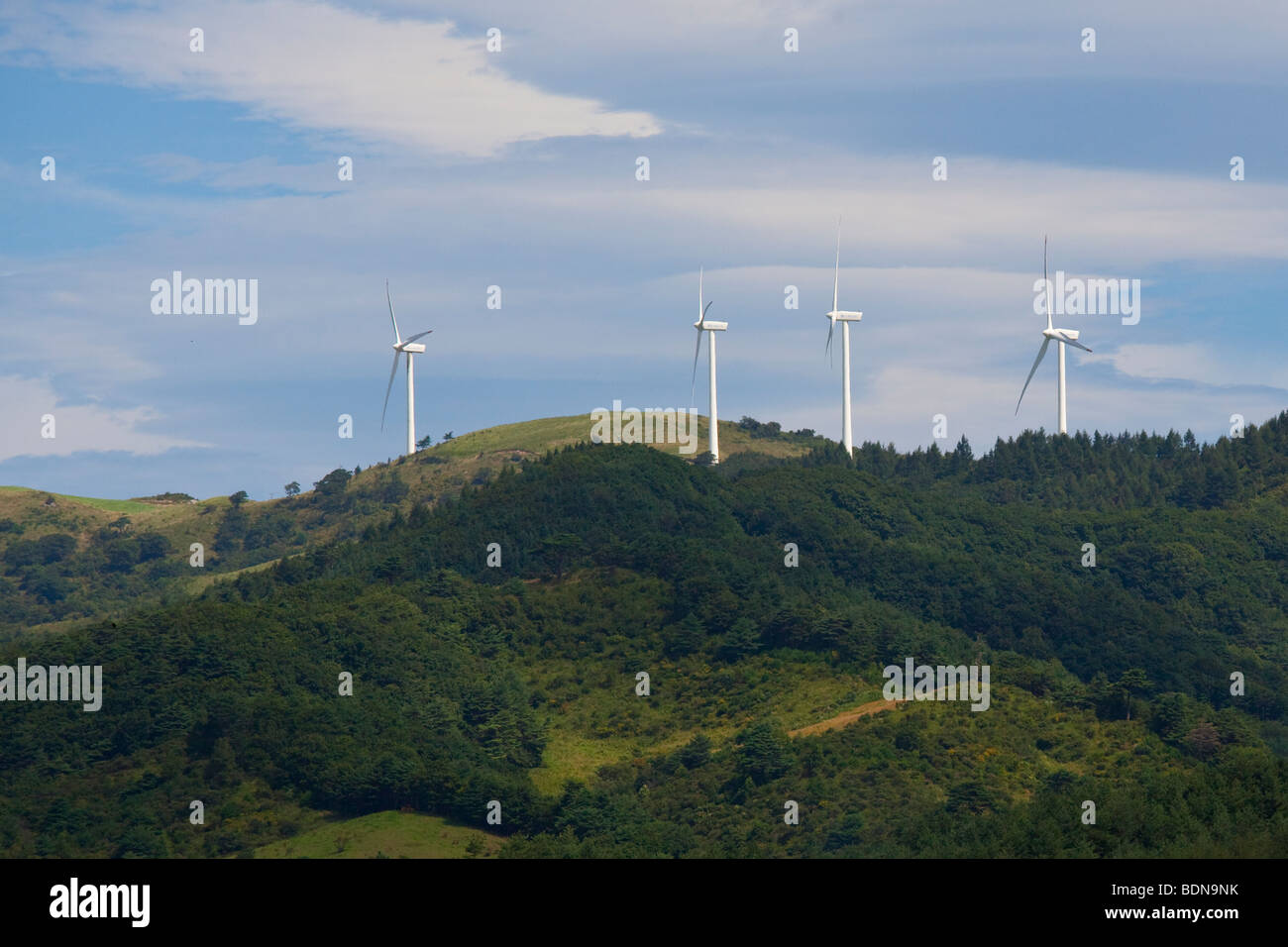 Wind turbines in rural Chungbuk Province South Korea Stock Photo