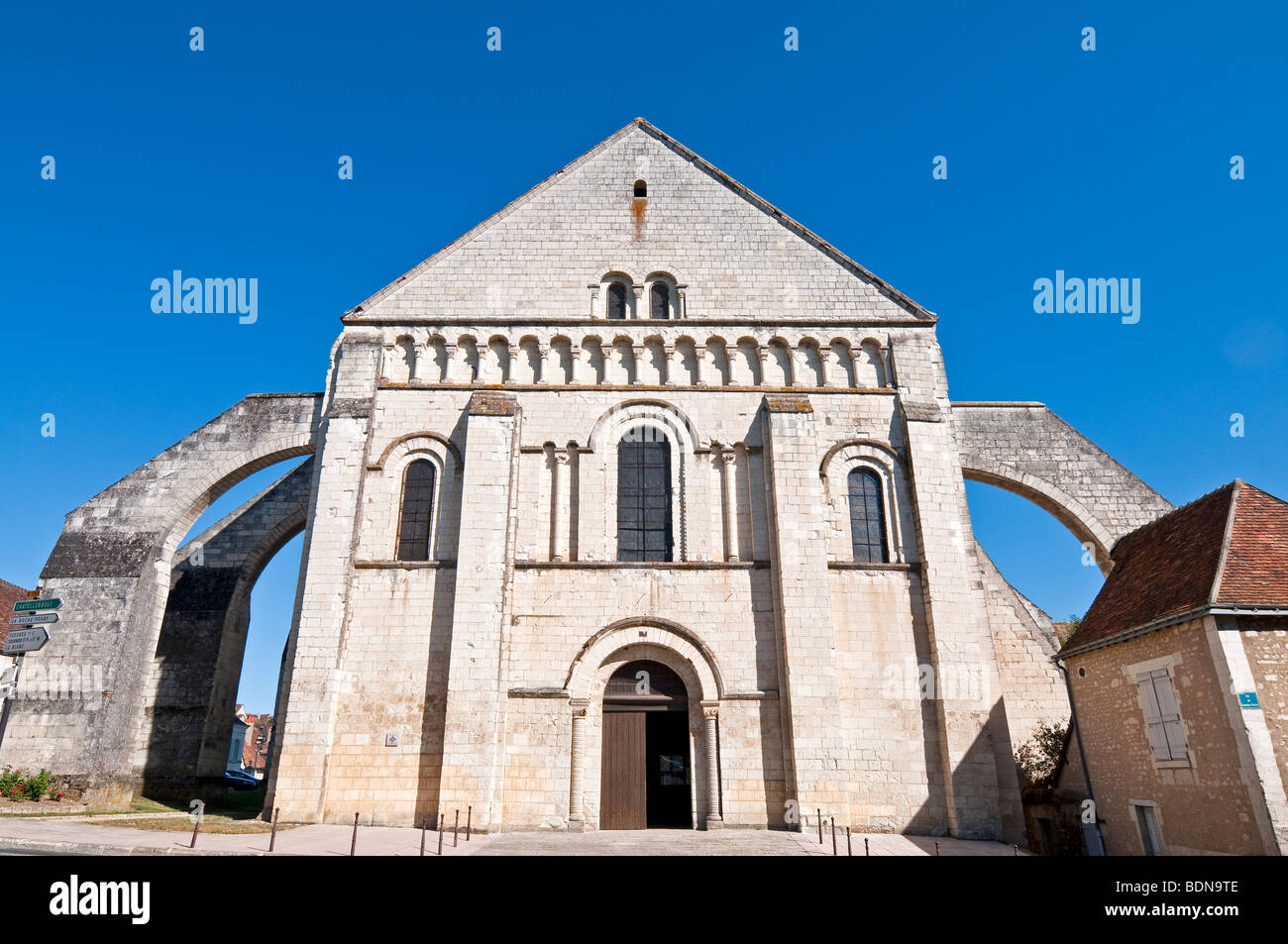West front facade of ancient Preuilly-sur-Claise abbey church (built 1009), France. Stock Photo