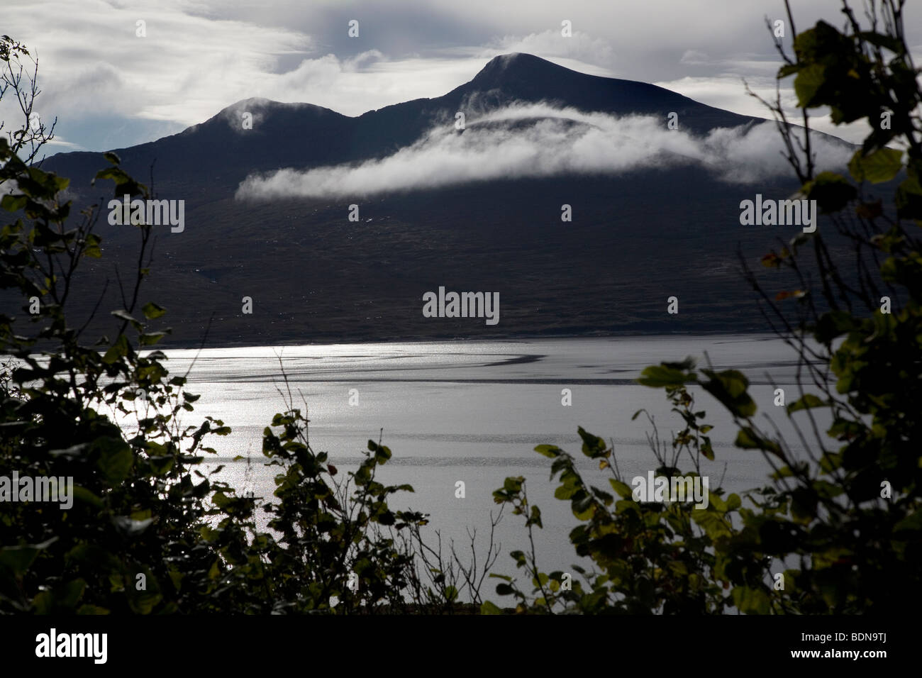 Low cloud over Ben More range after a storm over Loch Na Kael on the Isle of Mull, Scotland, United Kingdom. Stock Photo
