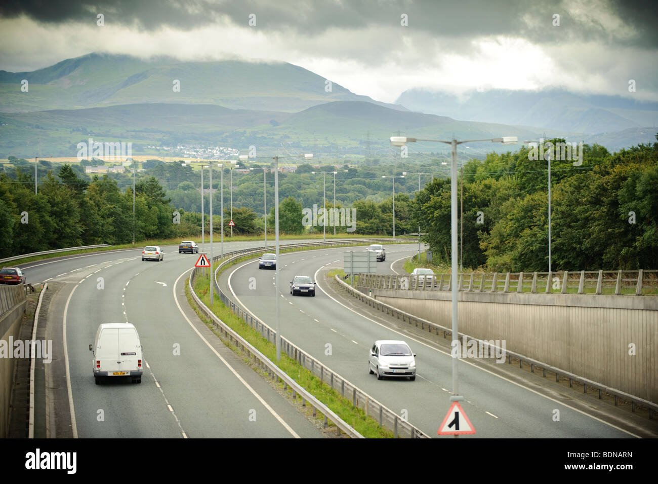 Light traffic on the the A55 dual carriageway expressway trunk road across Anglesey north wales UK Stock Photo
