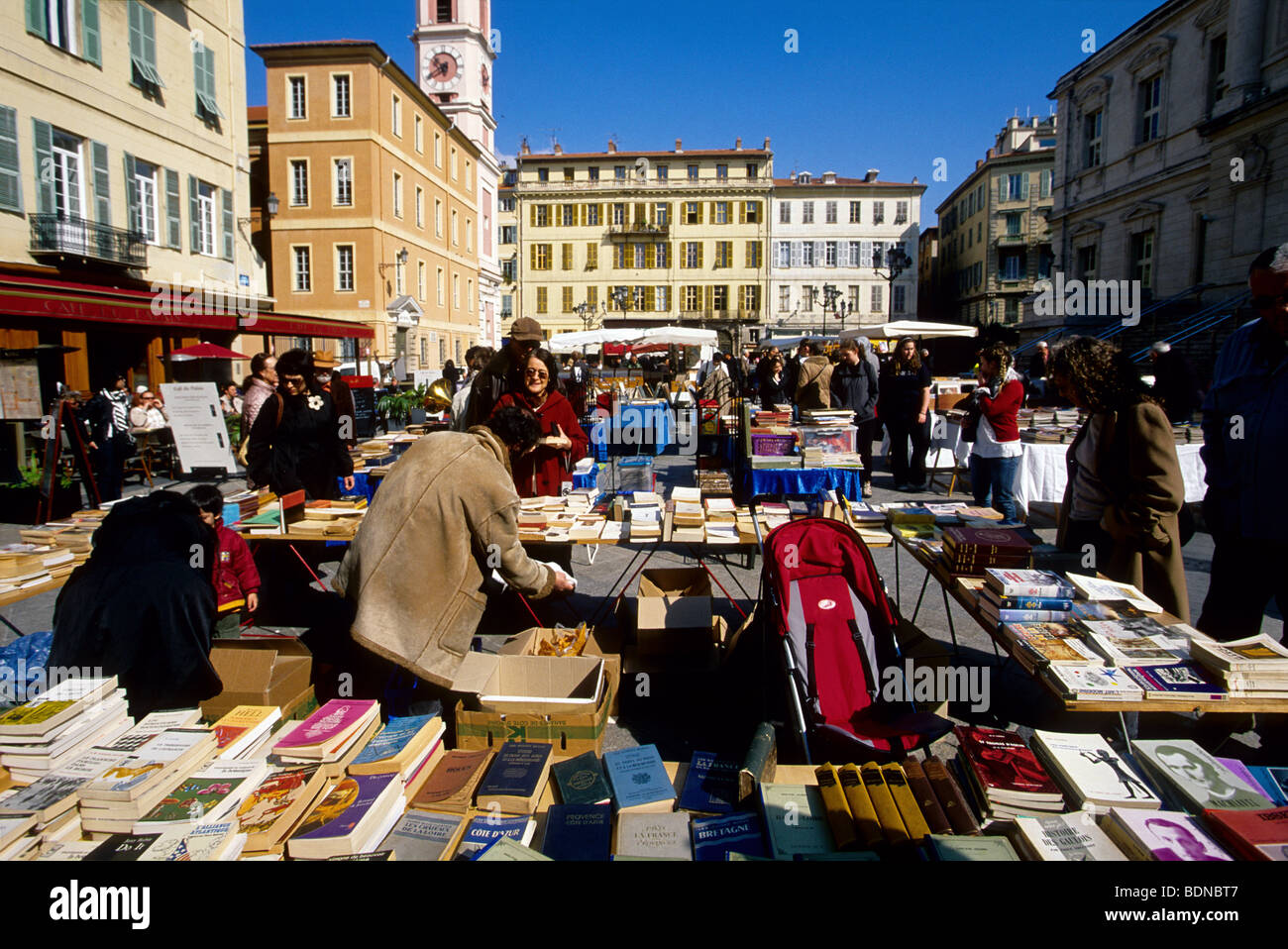 Ancient books market in the old town of Nice Stock Photo