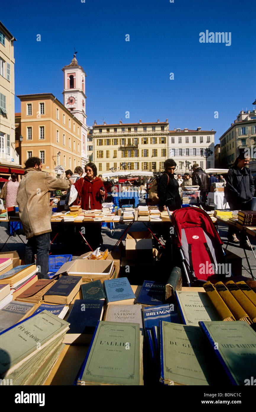 Second hand books market in the Place de la Prefecture of Nice Stock Photo