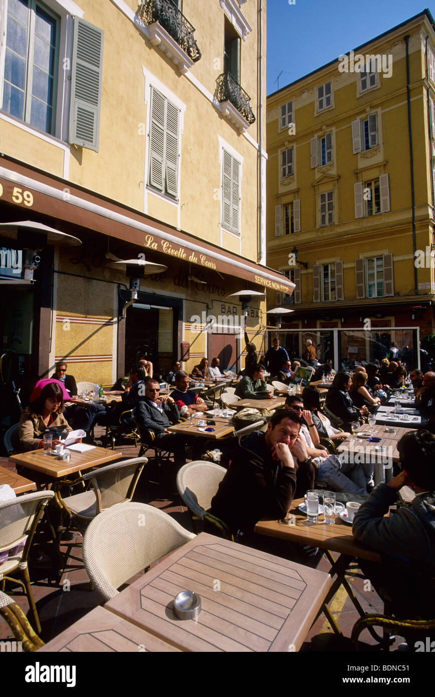 Outdoor bar and restaurant in the Cours Saleya in Nice Stock Photo