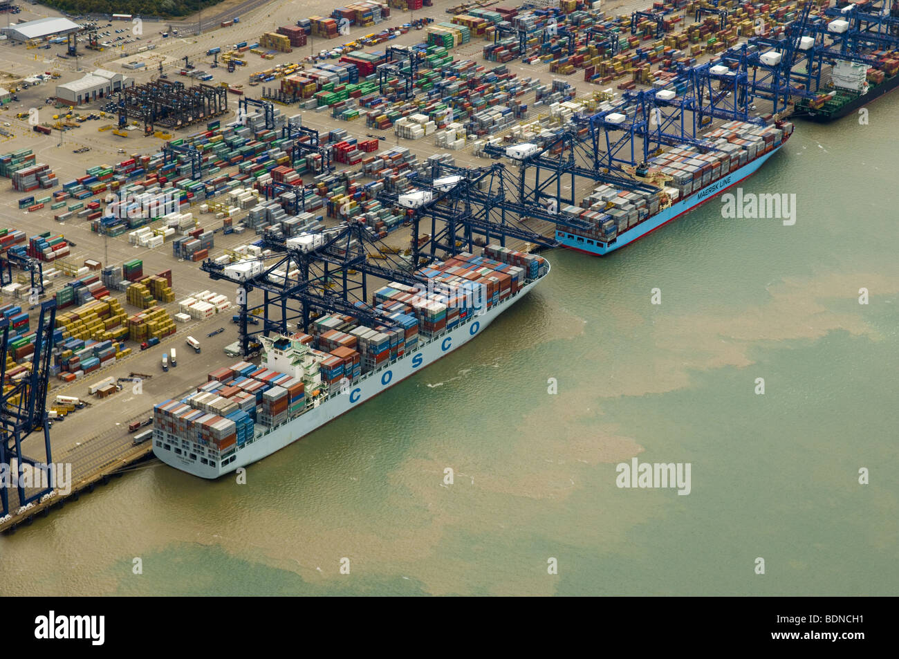 The Cosco Europe and the Maersk Semakau at the Port of Felixstowe UK Stock Photo