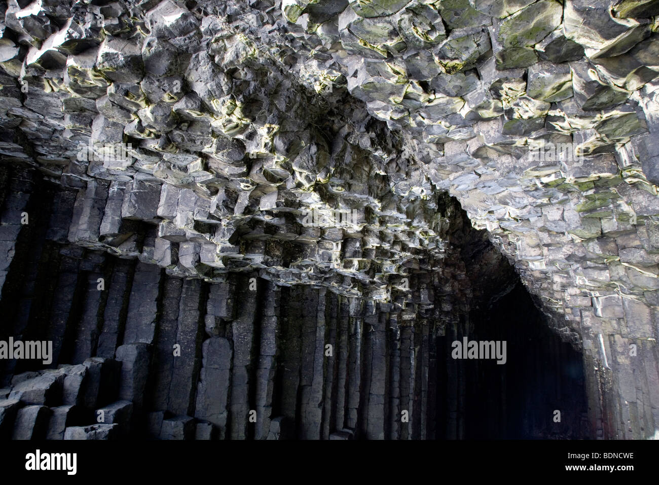 Fingal's Cave roof beneath Staffa Island colonnade and sea cliffs off Isle of Mull, Scotland, United Kingdom. Stock Photo