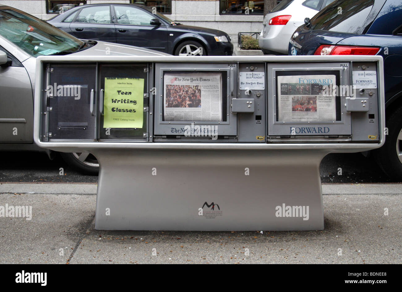 A road side newspaper stand for the New York Times and Forward Weekly Jewish newspaper, New York City, United States. Stock Photo