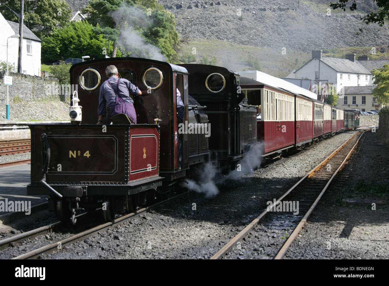 Village of Blaenau Ffestiniog, Wales. The narrow gauge Palmerston steam