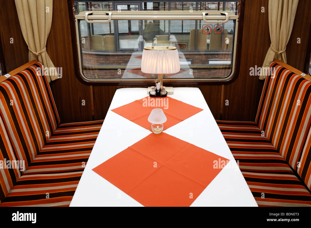 Seats in a historic restaurant car of the Deutsche Bahn, German