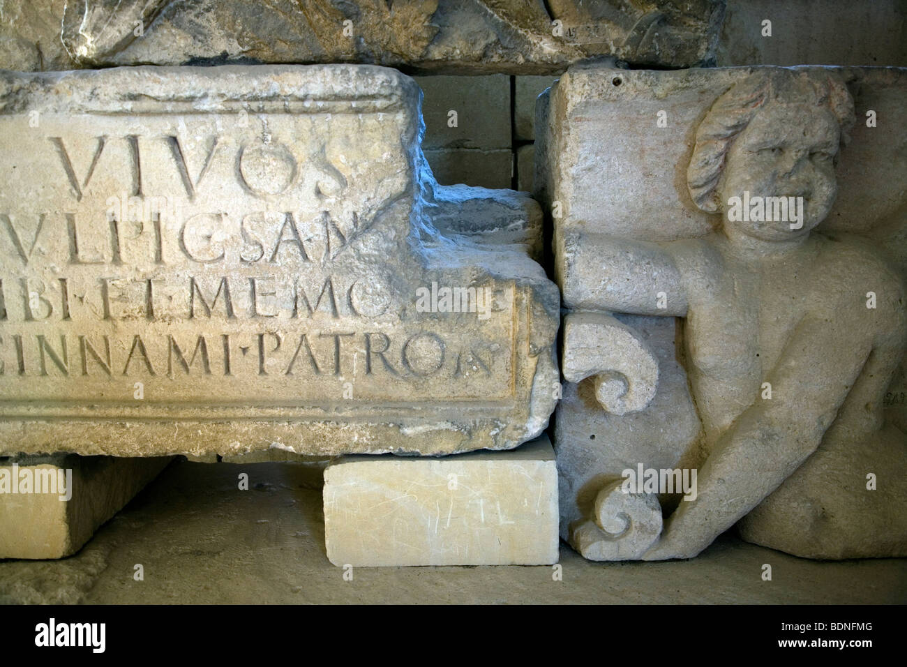 Roman artifacts at Museum of Antiquities near city gate Arc de