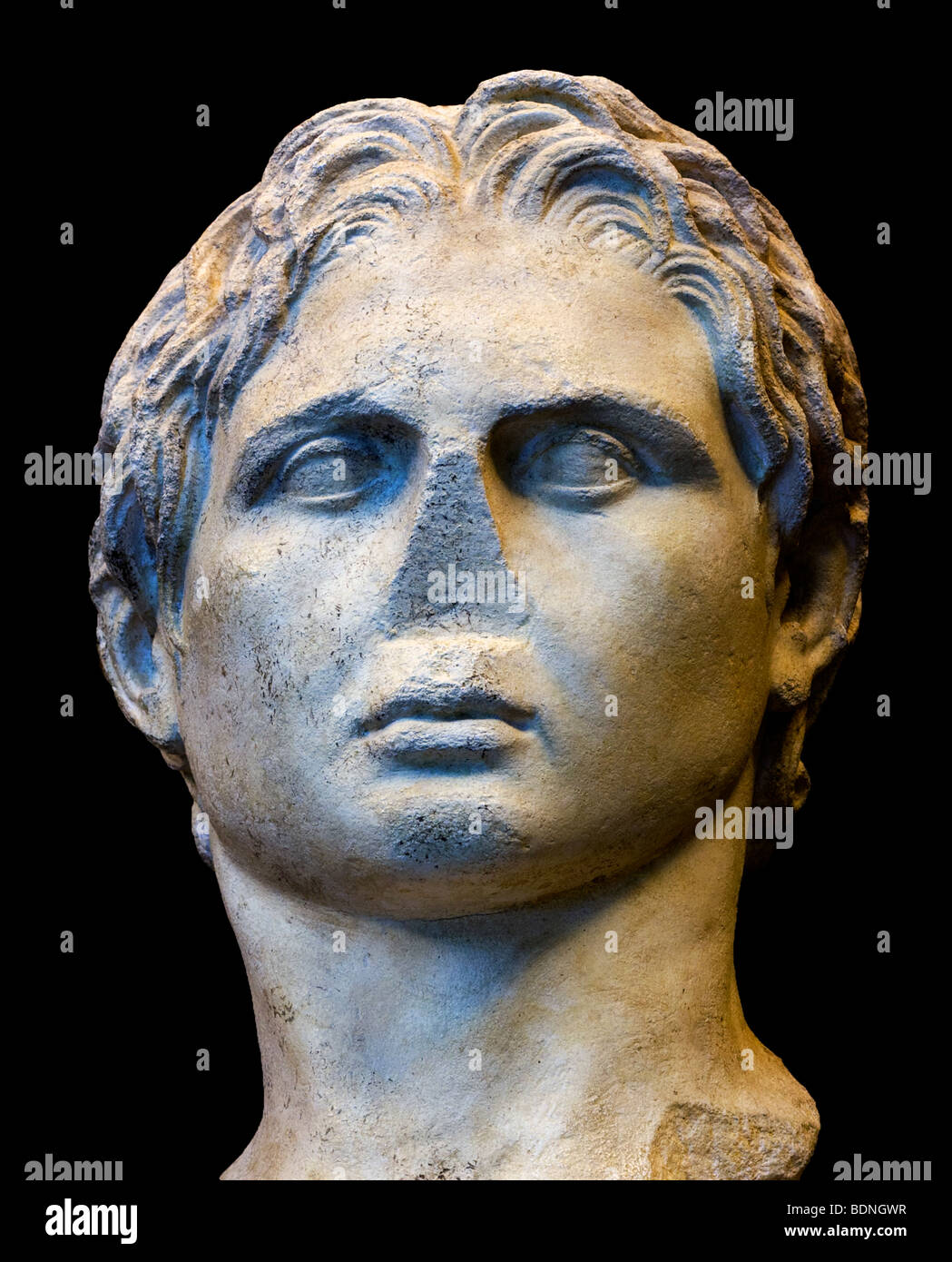 Portrait of Alexander the Great, shown from the approximate vantage point of an ancient viewer. See description for more info. Stock Photo