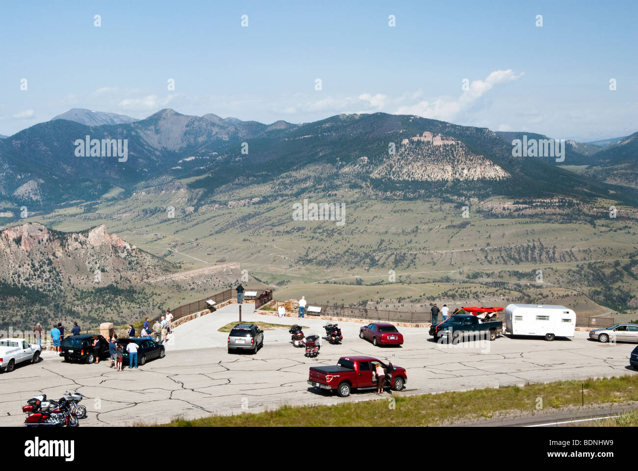 tourists at the dead indian overlook along the Chief Joseph Scenic Byway in Wyoming Stock Photo