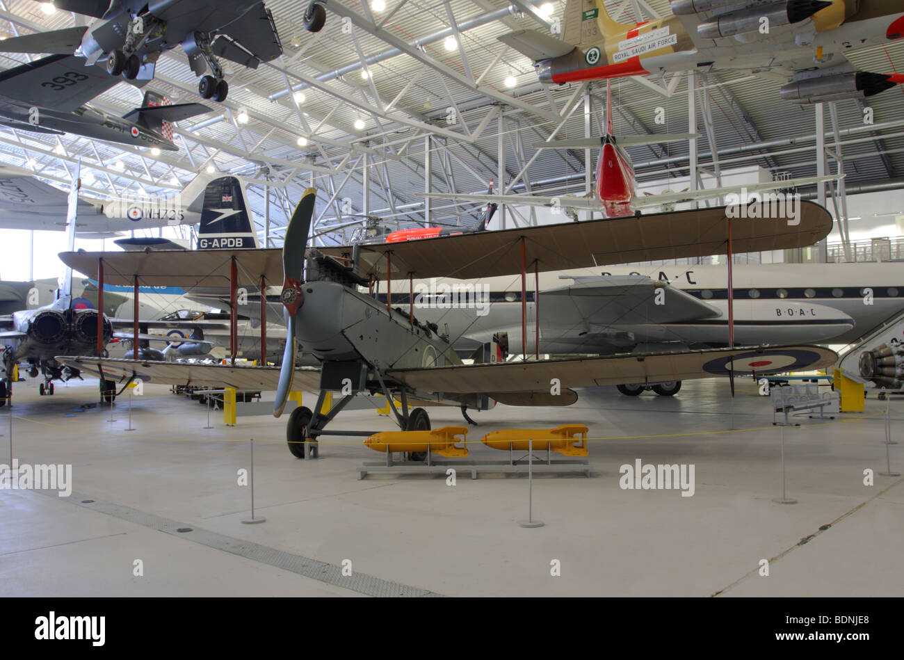 A fine example of the DeHavilland DH9 biplane,on permanent display in the Air Space Hangar,IWM Duxford. Stock Photo