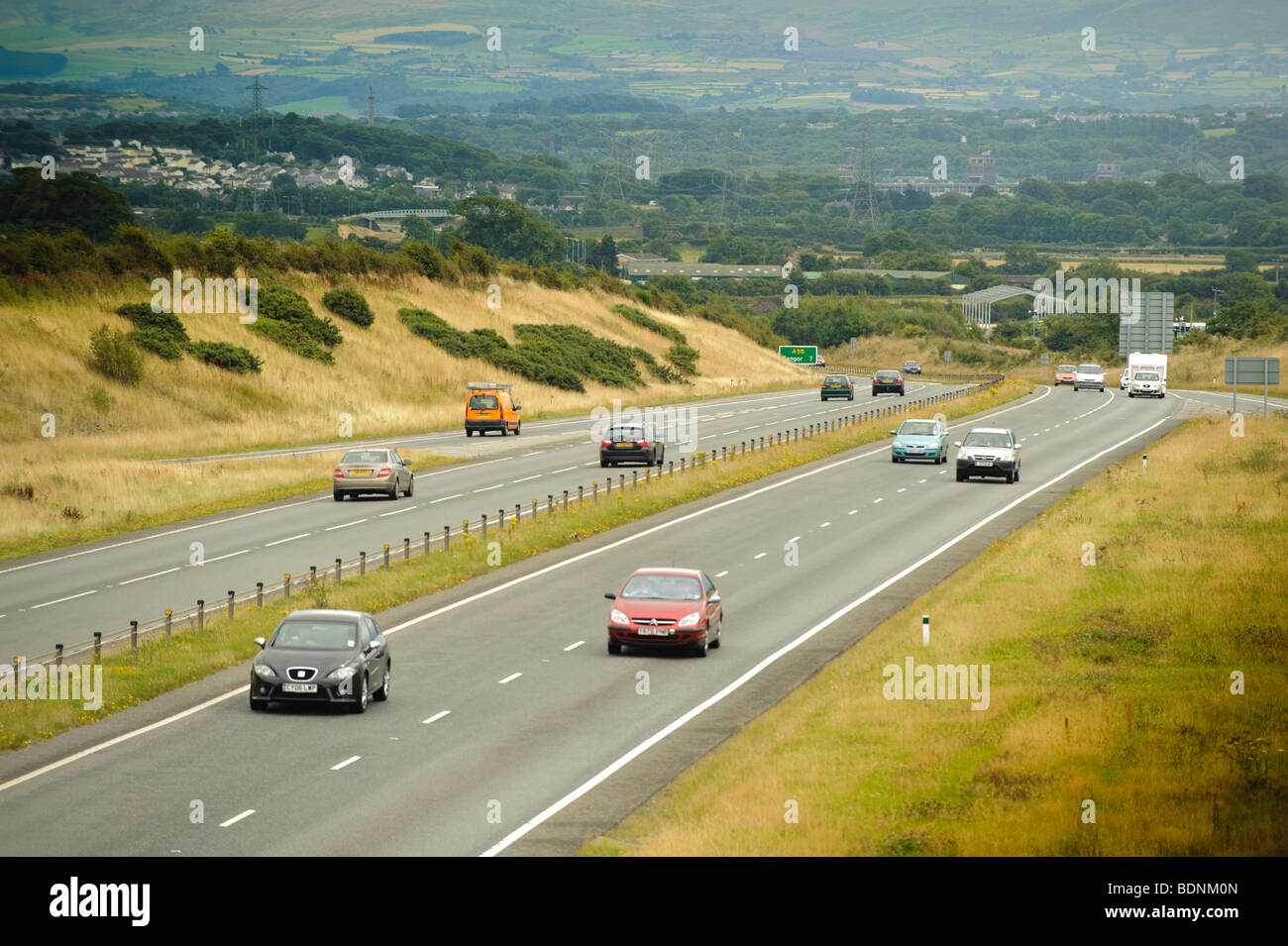 Light traffic on the the A55 dual carriageway expressway trunk road across Anglesey north wales UK Stock Photo