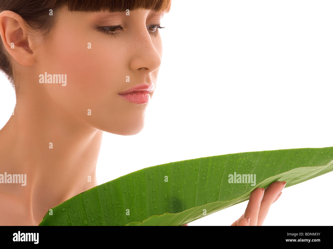 picture of woman with green leaf over white Stock Photo - Alamy