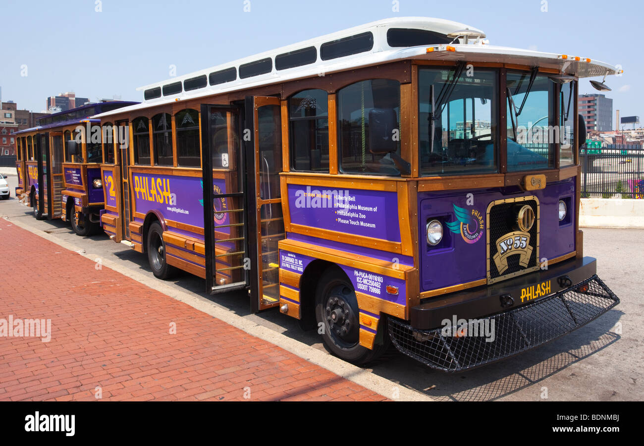A Phlash purple trolley bus, a public service to historic attractions