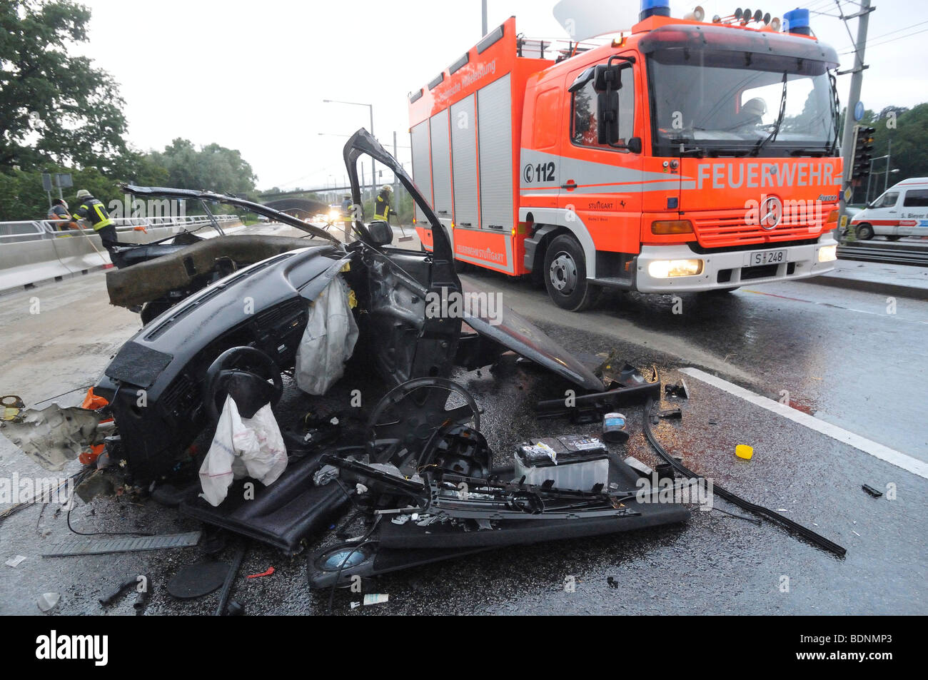 Devastated wreck of a VW Golf on the Koenig-Karls-Bruecke bridge, Stuttgart, Baden-Wuerttemberg, Germany, Europe Stock Photo