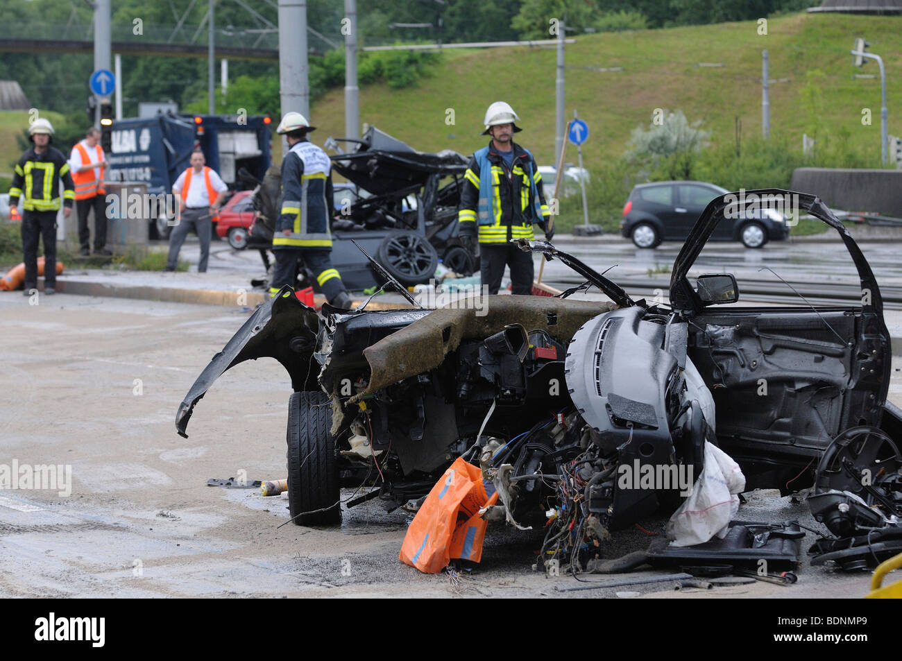 Devastated wreck of a VW Golf on the Koenig-Karls-Bruecke bridge, Stuttgart, Baden-Wuerttemberg, Germany, Europe Stock Photo