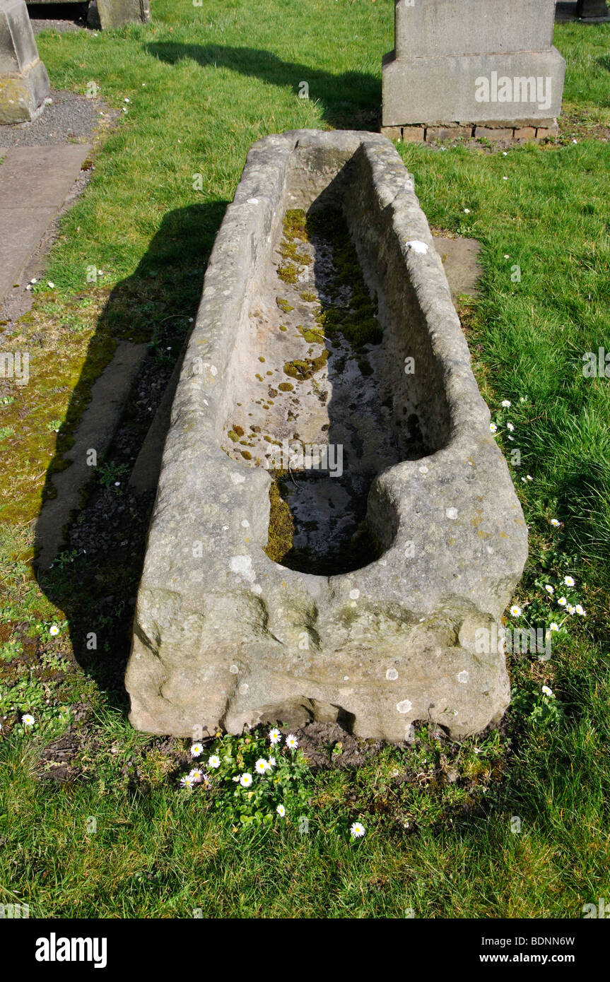 Stone coffin at St Cuthbert's Parish Church, Dalmeny, Scotland, UK. Stock Photo