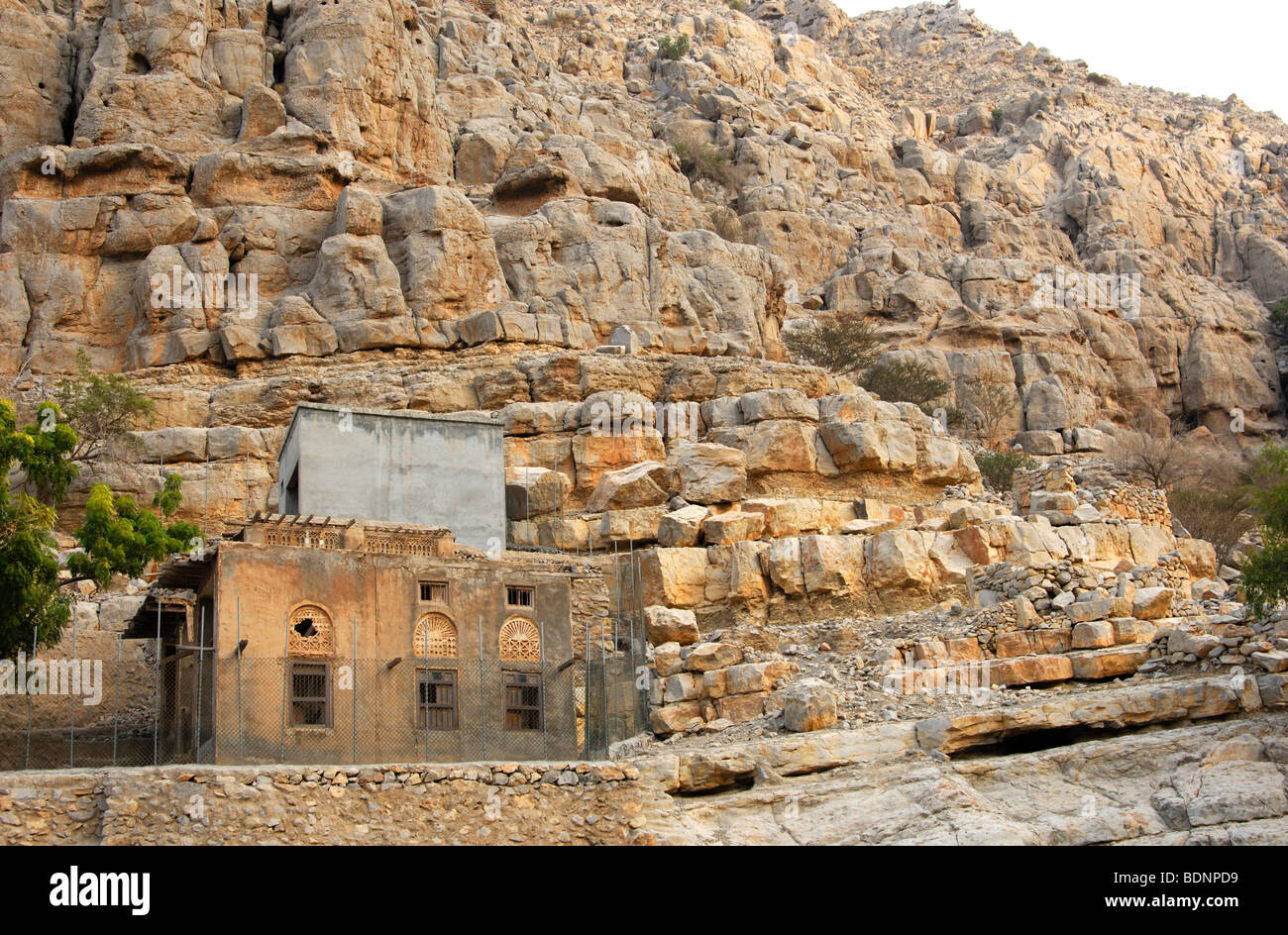Traditional stone houses in the village of Tawi, Wadi Qadah, Musandam, Sultanate of Oman, Middle East Stock Photo