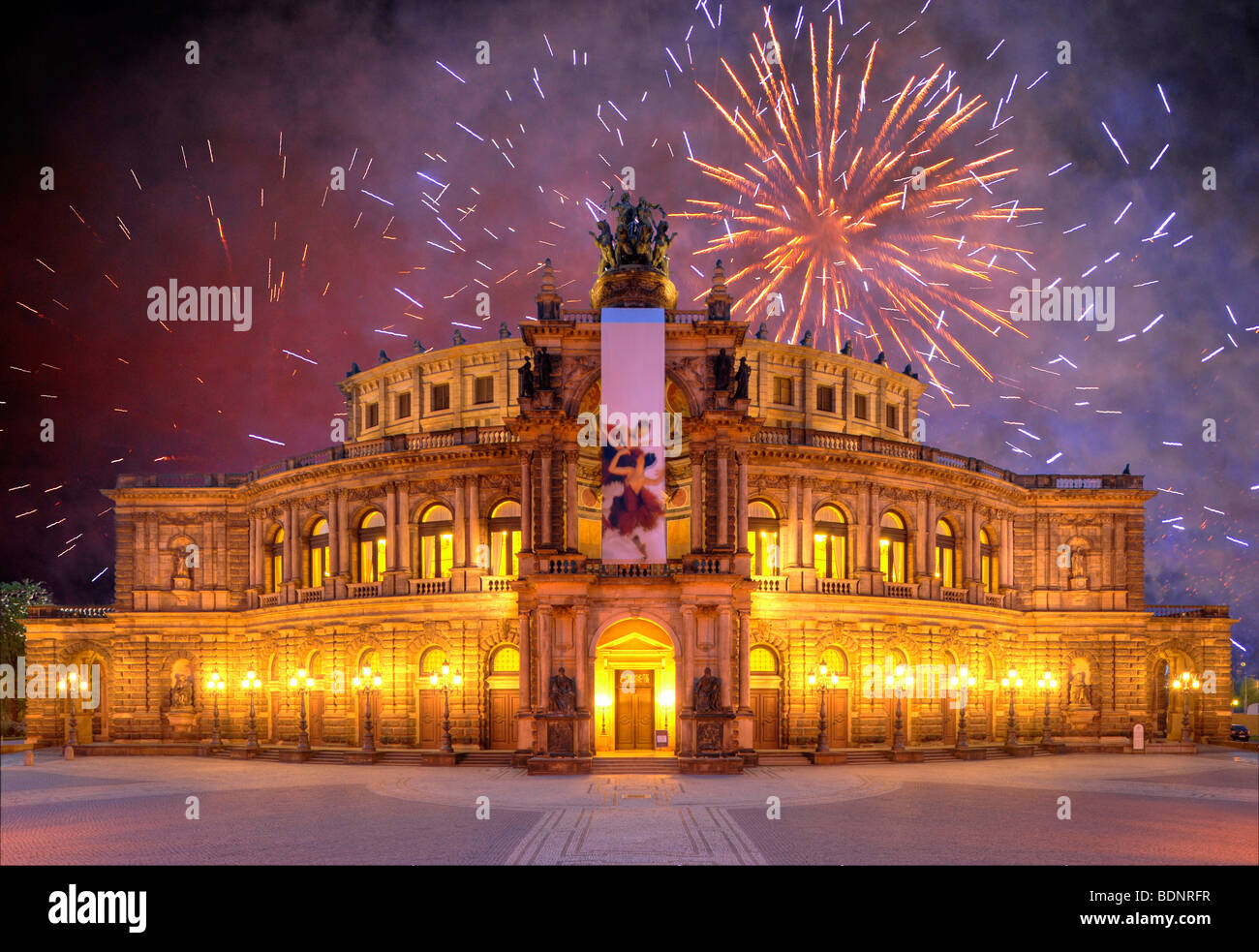 Semperoper opera, with banners, at Theaterplatz square, fireworks, Dresden, Saxony, Germany, Europe Stock Photo