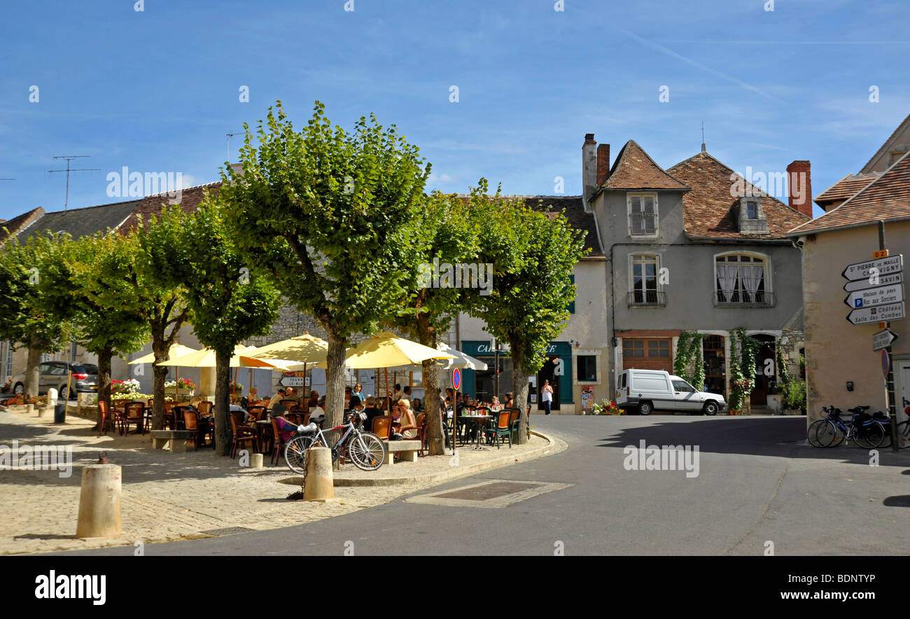 Town square cafe scene in Angles sur l' Anglin, France Stock Photo