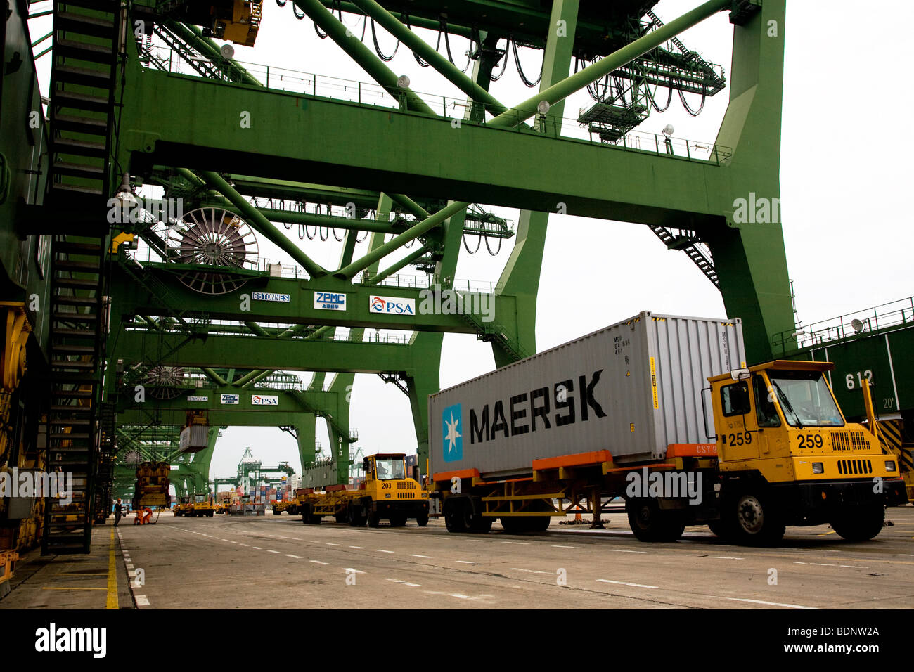 Maersk container on truck in port quayside Stock Photo