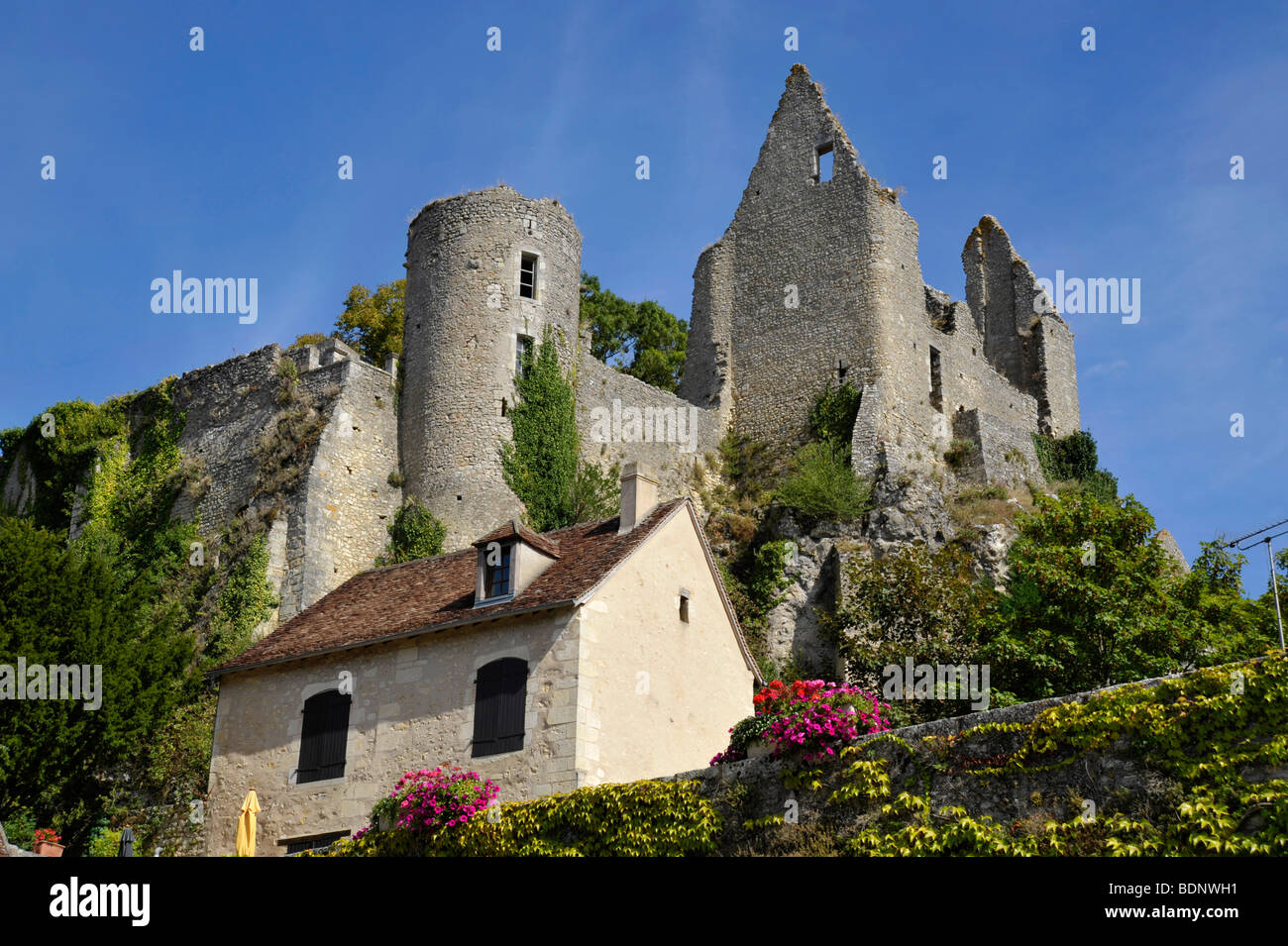old medieval chateau ruins in the town of Angles sur l' Anglin, France Stock Photo