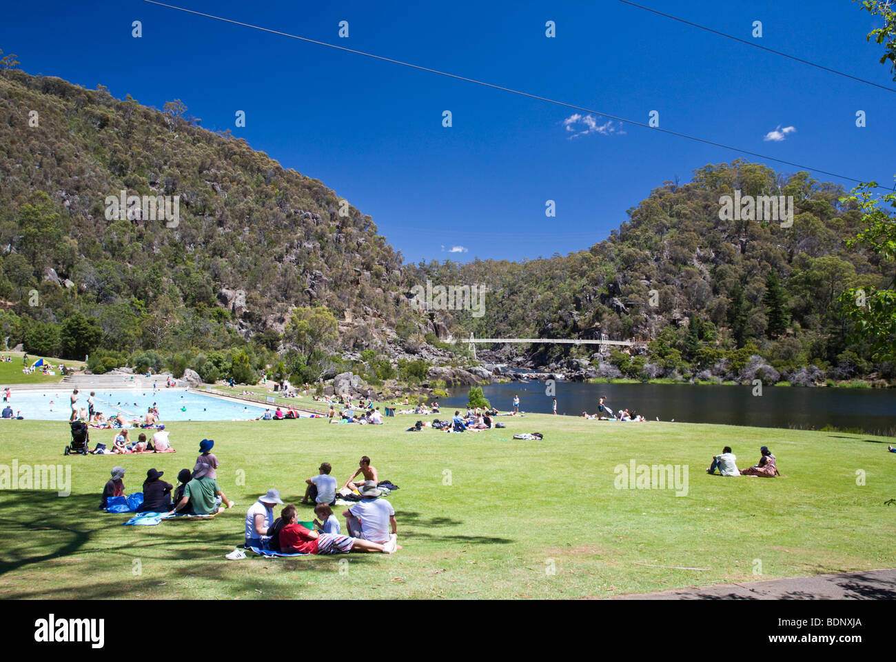 People in First Basin, Cataract Gorge, Launceston, Tasmania, Australia Stock Photo