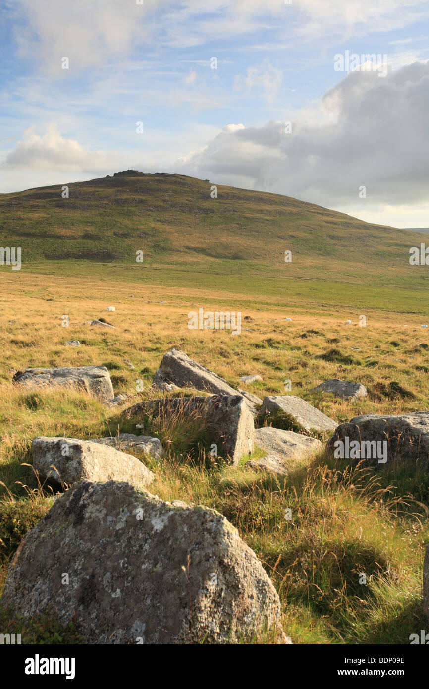 Yes Tor (619 Metres), one of Dartmoor's highest peaks, viewed from West Mill, Dartmoor, Devon, England, UK Stock Photo