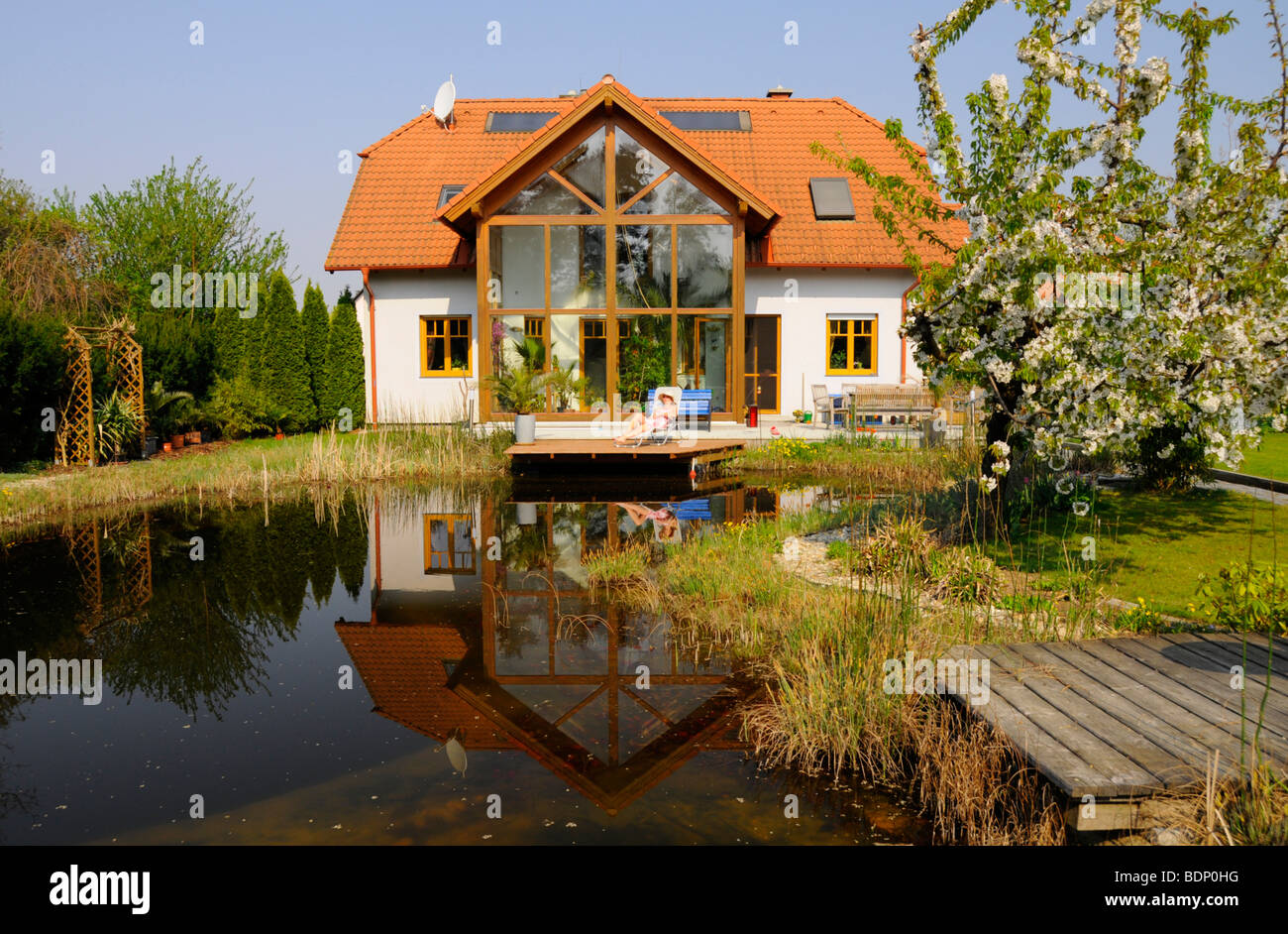 Garden pond in front of a house with conservatory and flowering cherry tree Stock Photo