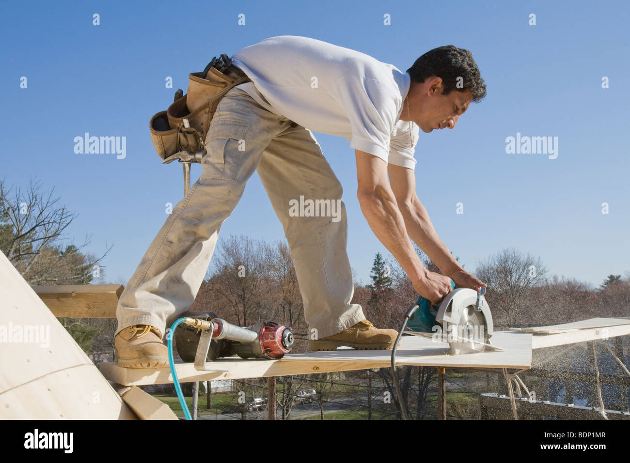 Carpenter cutting plank with a circular saw Stock Photo - Alamy