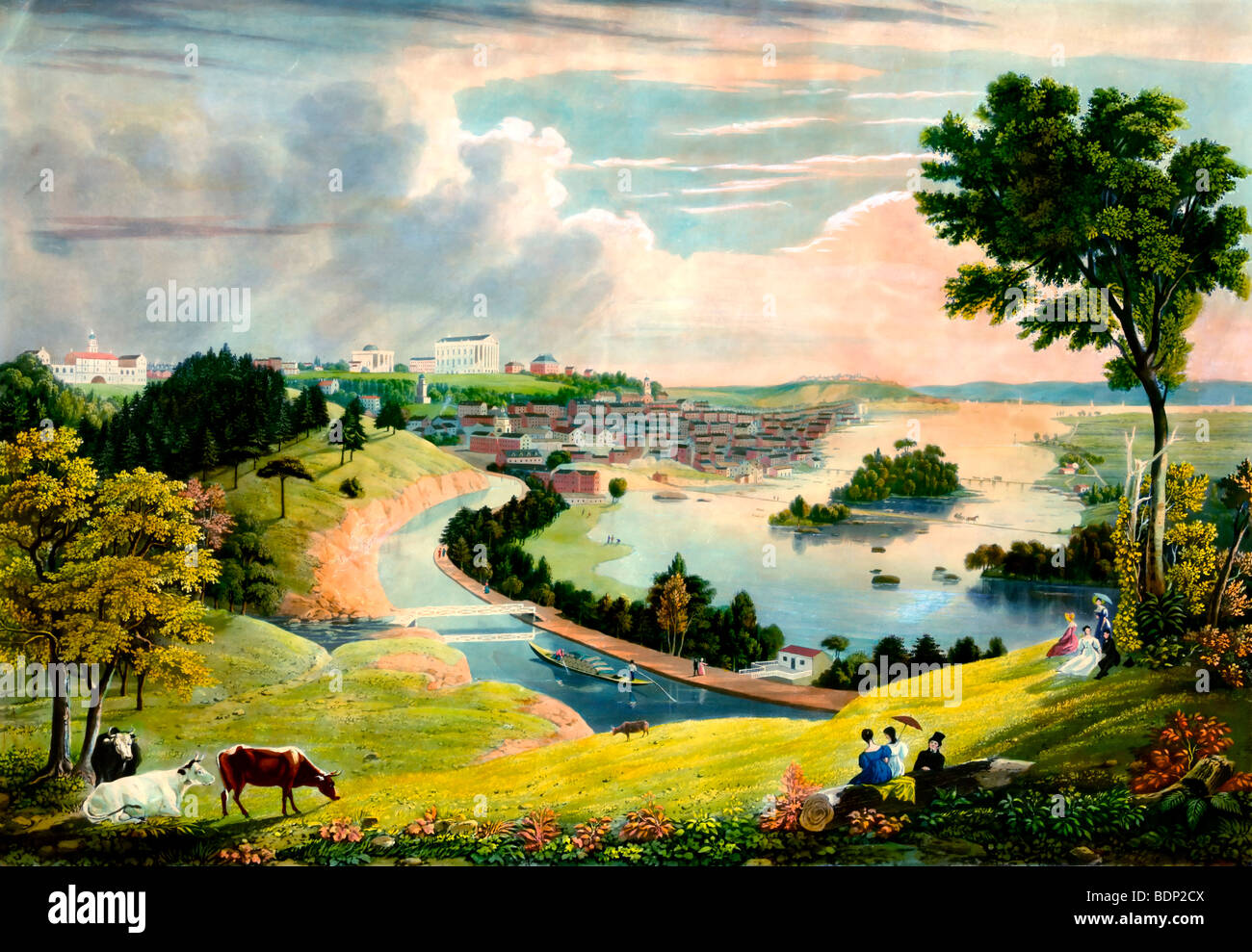 View of Richmond, Virginia, and James River, with two men transporting logs on boat, and people and cattle in foreground. Stock Photo