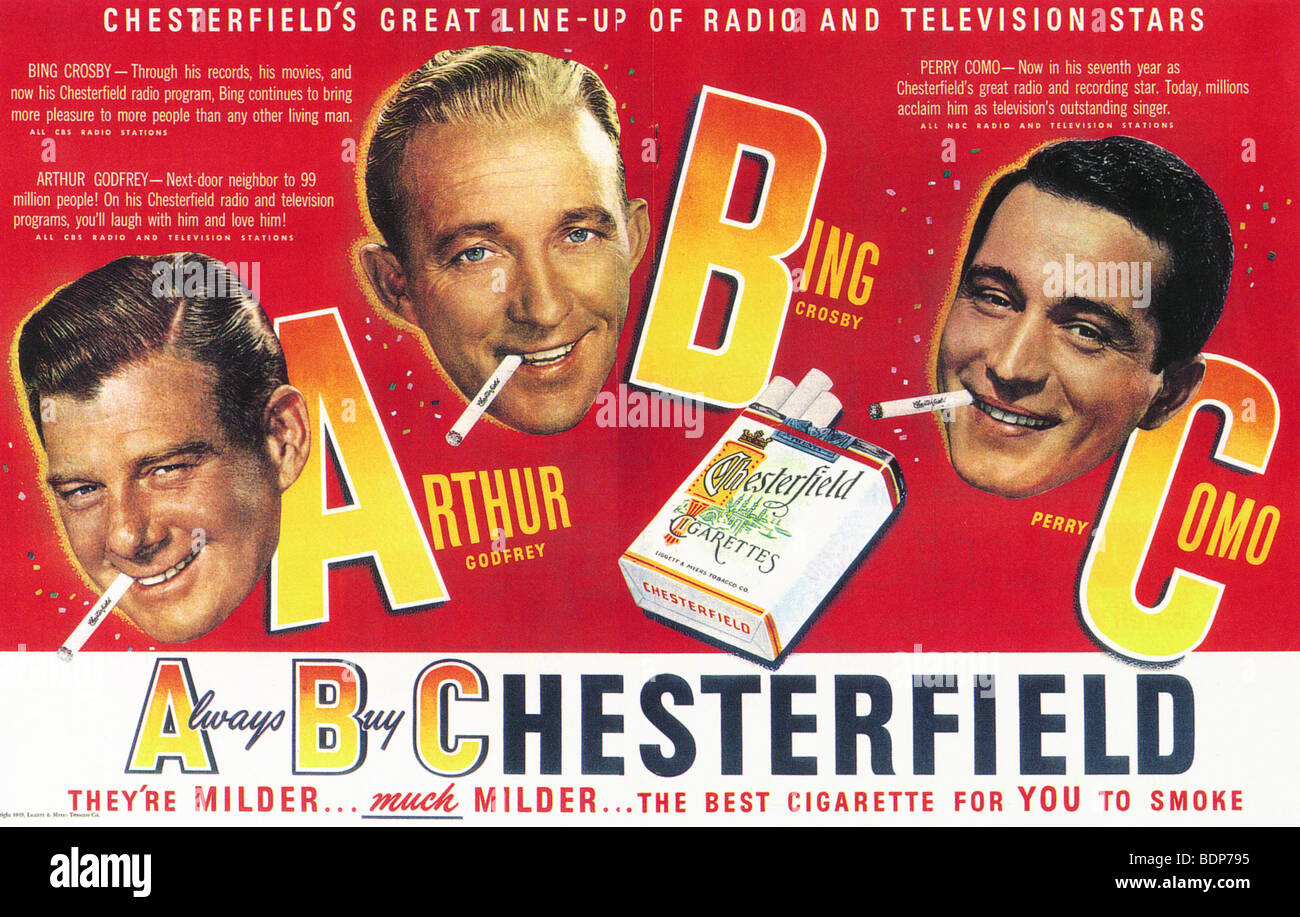 SMOKING Advert for Chesterfield cigarettes in 1949 with Arthur Godfrey,  Bing Crosby and Perry Como Stock Photo