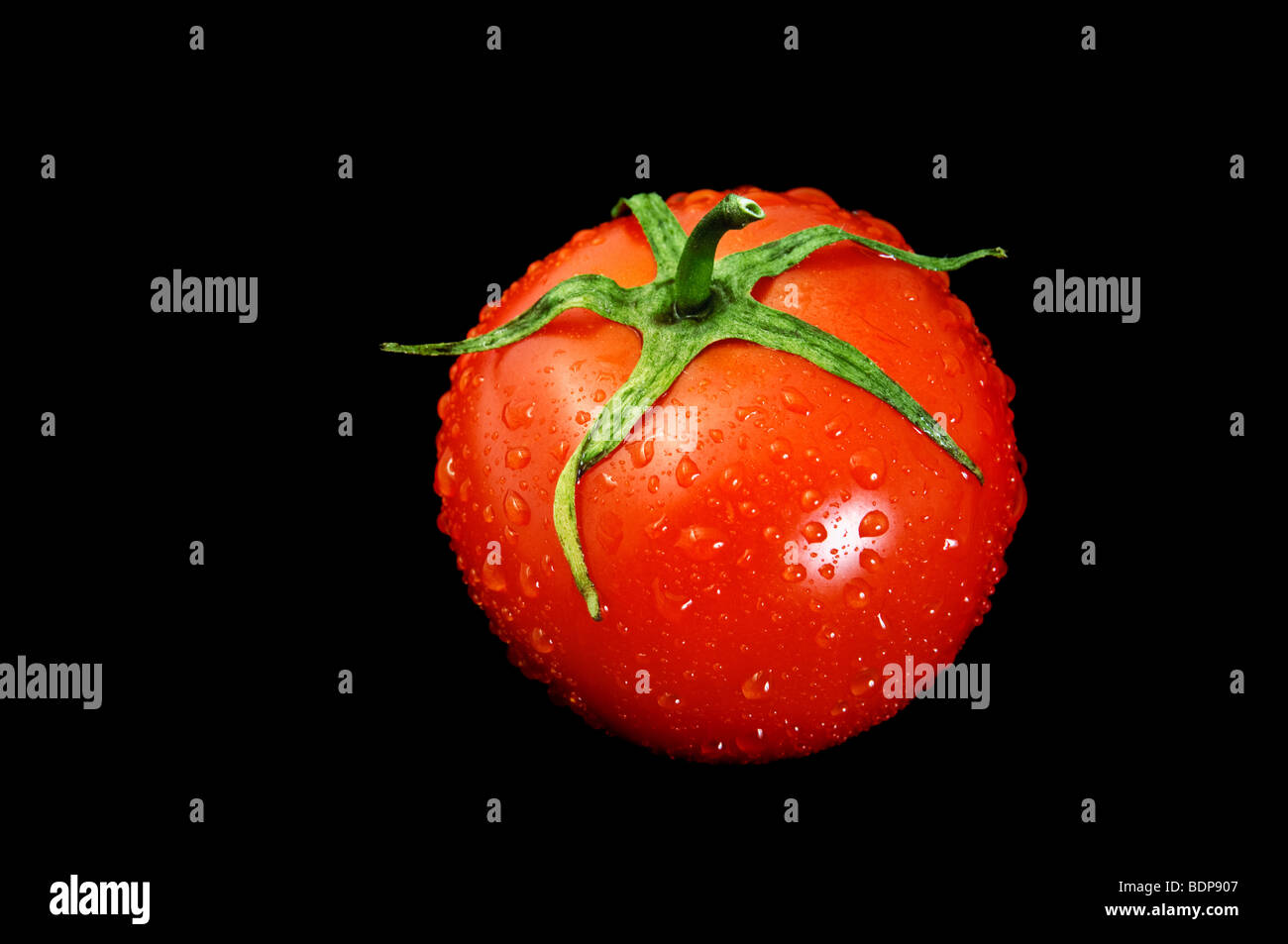 Red ripe tomato covered water drops isolated on black Stock Photo - Alamy