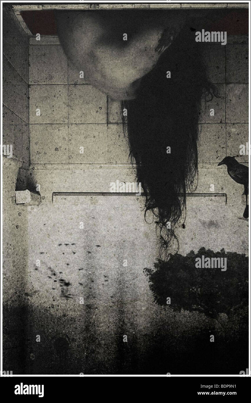 A Figure In A Small Room Upside Down With A Bird Stock Photo