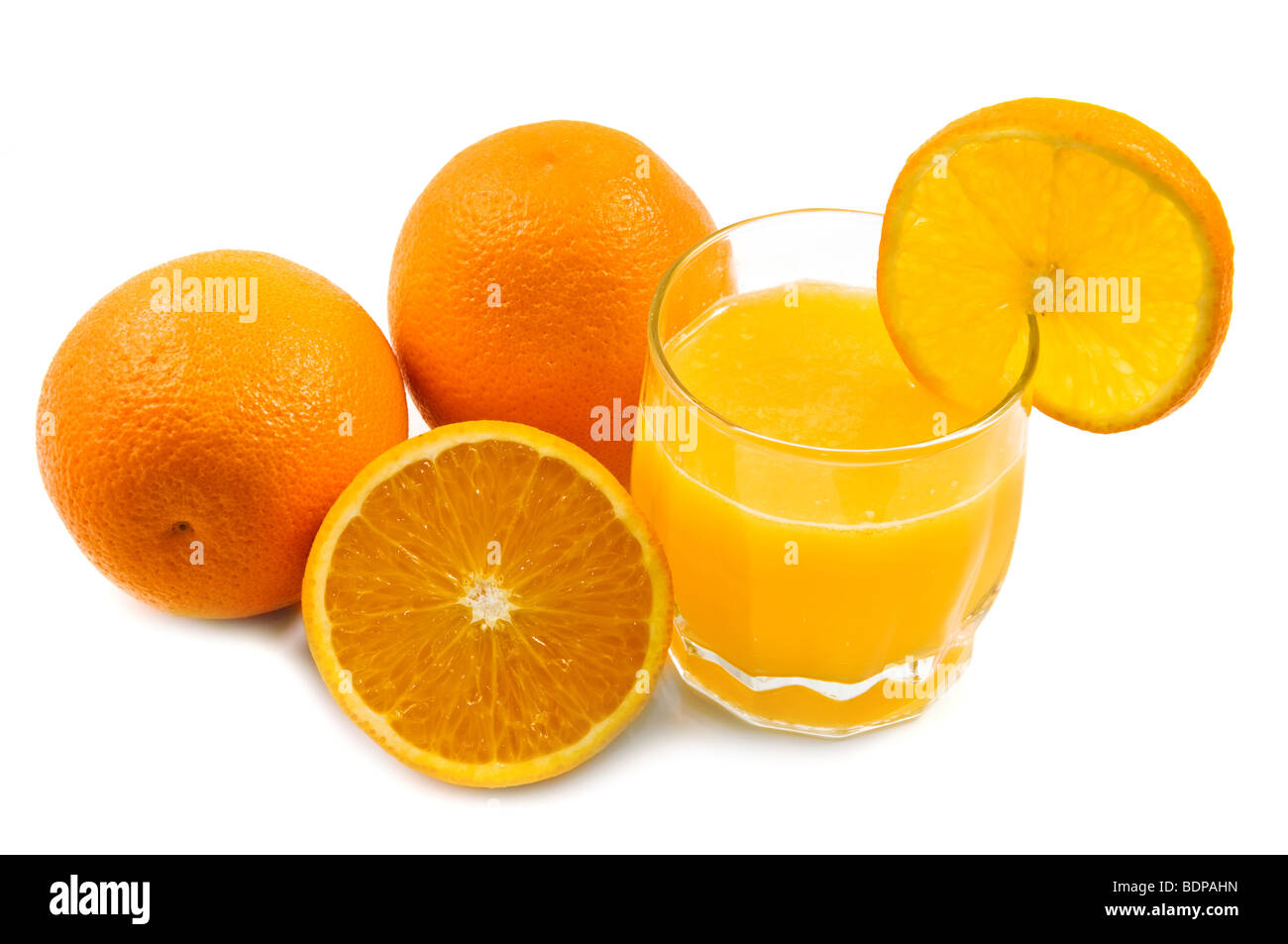 Fresh orange juice with fruits, isolated on white Stock Photo