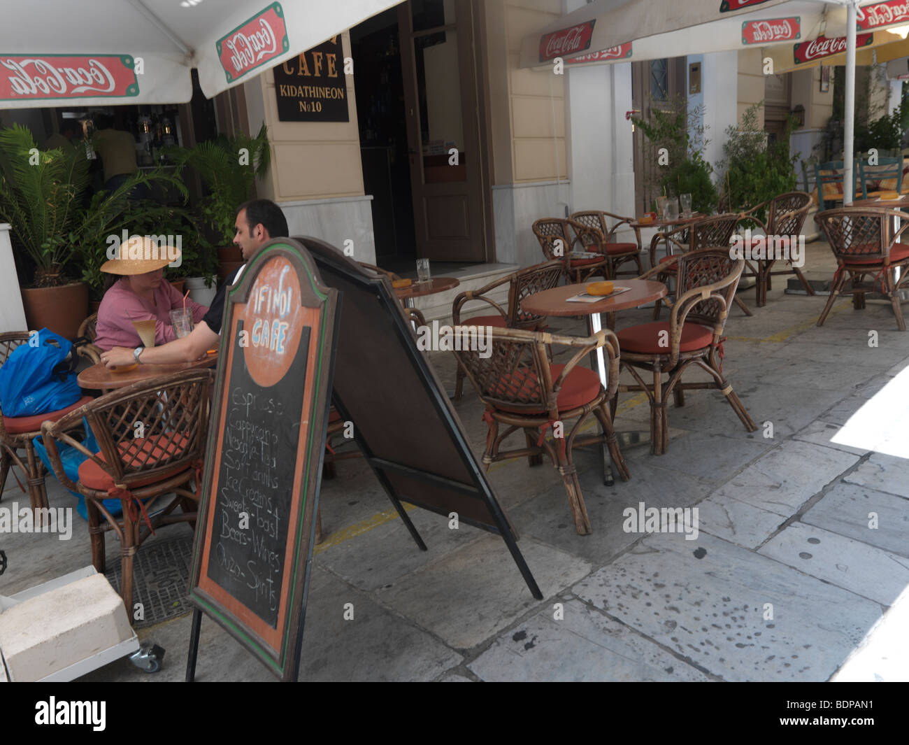 Plaka Athens Greece Streets and Restaurant Couple Eating Stock Photo