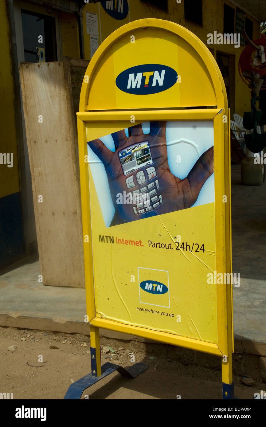 Sign for MTN mobile phone service in Bamessing village in Ring Road area Northwest Province Cameroun West Africa Stock Photo